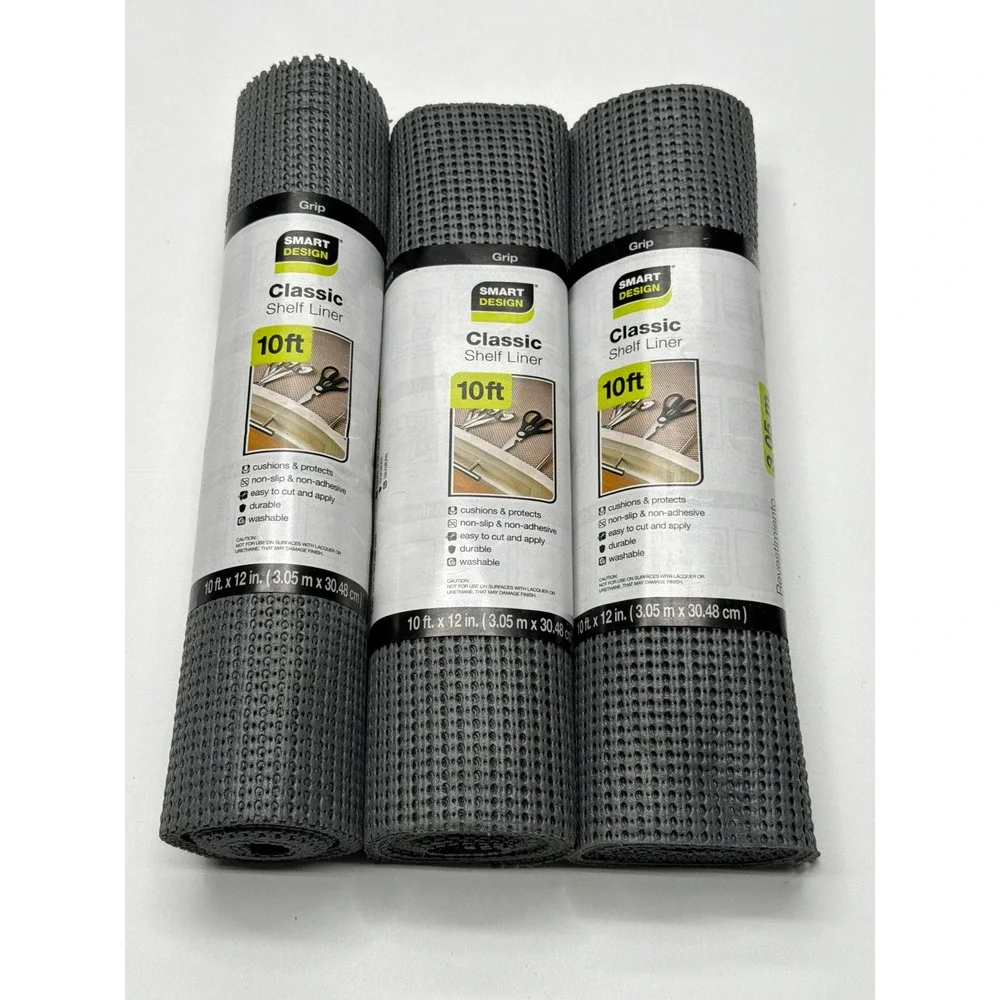 Smart Design Classic Shelf Liner 10ft x 12in Gray Grip Non-Adhesive 3 Rolls